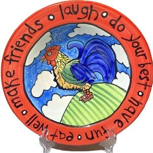 Nicole Engblom Hand Painted Large Serving Bowl Rooster Chick Egg Red Art Ceramic